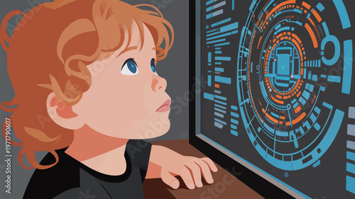 Child looks at computer screen displaying colorful digital graphics while sitting at a desk in an indoor space during daytime