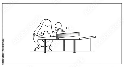 Cute Avocado Character Playing Table Tennis, Funny Food Illustration, Healthy Lifestyle