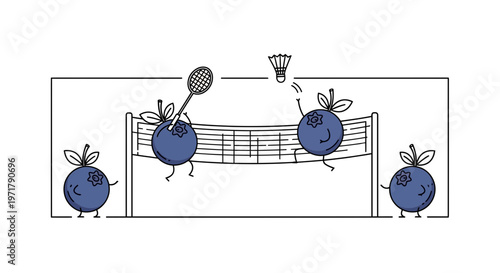 Cute Blueberries Playing Badminton Game on Court with Net, Fun Sport Illustration