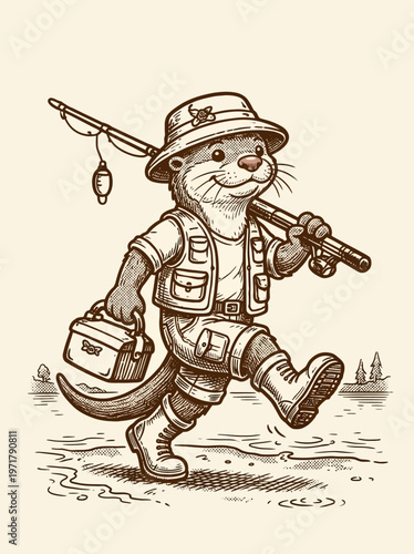 Otter wearing fishing gear walking.