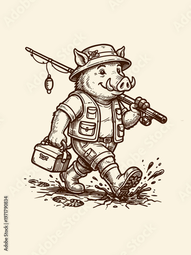 Pig Character Wearing Hunting Gear Outdoors.