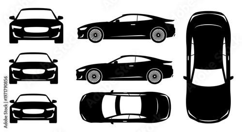 Car Silhouette Set: Front, Side, Top Views of Modern Automobile