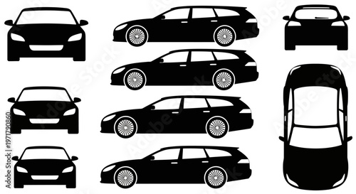 Black Station Wagon Car Silhouettes: Front, Side, and Top Views