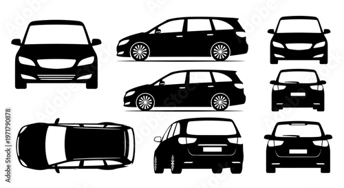 Black Station Wagon Car Views: Front, Side, Rear, Top - Vector Illustration
