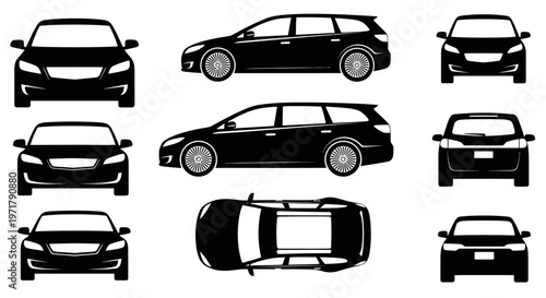 Black Station Wagon Car Views: Front, Side, Rear, Top - Vector Illustration