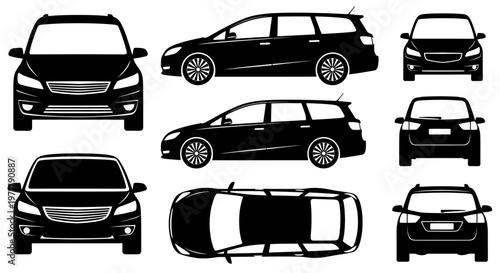 Black Station Wagon Car Views: Front, Side, Top, Back - Vector Silhouettes