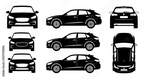 Black SUV Car Silhouettes: Front, Side, and Top Views