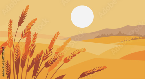 Wheat fields sway under the bright sun in a golden landscape during late afternoon in a rural area