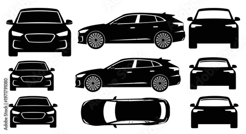 Car Silhouette Collection: Front, Side, Top Views of Modern Station Wagon