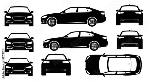 Car Silhouette Collection: Front, Side, Top Views of Sedan and SUV