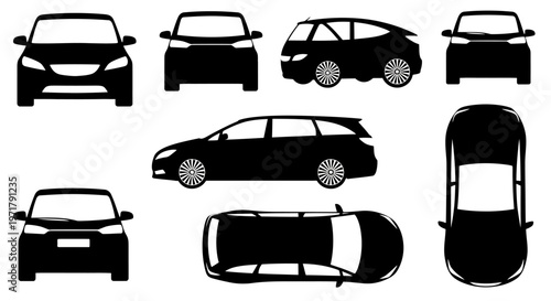 Car Silhouette Collection: Front, Side, Top Views of Station Wagon and Sedan