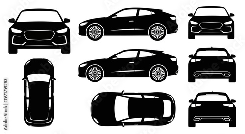 Car Silhouette Collection: Front, Side, Top, and Rear Views of Modern Automobile