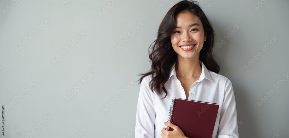 Obraz premium Smiling asian woman holds red notebook. Confident young pro with wavy dark hair wears white shirt. She looks directly at camera with friendly happy expression, ready for work.