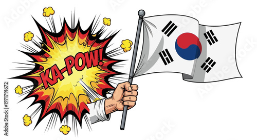 South Korea Flag Waving with Comic Book "KA-POW!" Sound Effect
