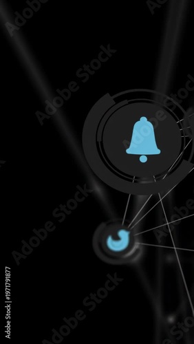Vertical video: Cam pan starting tech net, user glyph emerging, bell pulsing and pin showing links