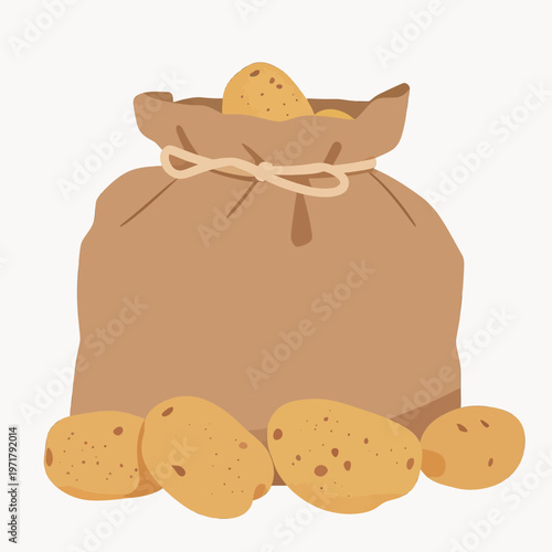 Bag of potatoes is placed on a flat surface with several potatoes scattered around it