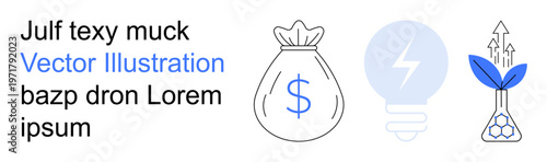 Business growth, renewable energy, financial success, sustainability, innovation, eco-friendly practices. Money bag with dollar sign, energy-saving lightbulb growing plant in flask. Business growth