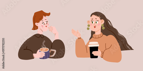Two women talking over coffee, friends conversation in café, cartoon illustration