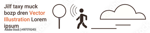 Sound waves, motion activity, magnification, outdoor exploration, atmospheric data, communication. A person walking with sound waves, magnifying glass and cloud illustration. Motion activity