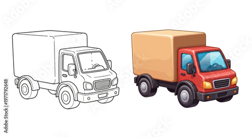 Cartoon Delivery Truck: Line Art and Full Color Comparison