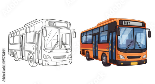 City Bus Coloring Page and Realistic Illustration