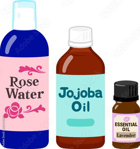 ボトル入りのローズウォーターとホホバオイルとラベンダーオイル