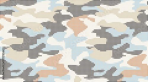 Modern camouflage pattern featuring blue black and orange accents with halftone dots for urban tactical
