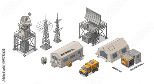 Isometric vector illustration showcasing a mobile military radar base camp, complete with radar towers, communication systems, transport vehicles, and modular shelters against a clean white