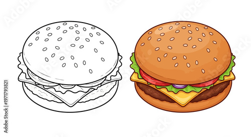 Coloring Page Burger Outline Next to Delicious Hamburger with Cheese, Lettuce, Tomato