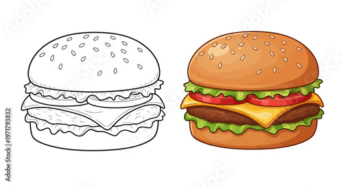 Coloring Page Burger vs. Real Burger: Outline and Full Color Illustration