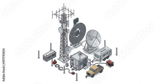 Isometric vector illustration depicting a communications tower and various satellite dishes, antenna, and mobile units arranged against a clean white background with cool gray tones