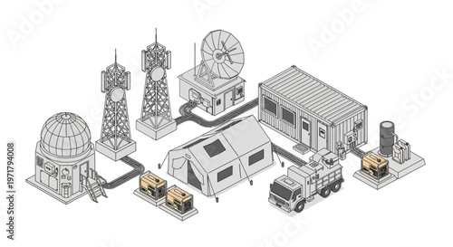 Isometric vector illustration depicting a communications network with towers, a satellite dish, a dome-shaped building, a tent, and a truck, connected by lines, rendered in a minimalist