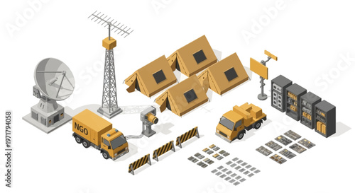 Isometric vector illustration showcases a mobile communications hub with a satellite dish, antenna tower, and service vehicles arranged against a plain white background, rendered