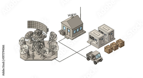 Isometric illustration showcasing a communication network with satellite dishes, a compact building, and delivery trucks against a clean white background, rendered with precise vector