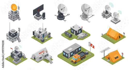 Isometric illustration showcasing a collection of communication and research equipment, including antennas, buildings, and tents, arranged on small green platforms against a clean white
