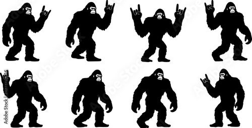 black bigfoot sasquatch doing rock on hand gesture icon silhouette isolated