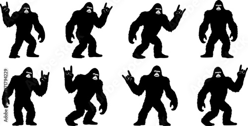 black bigfoot sasquatch doing rock on hand gesture icon silhouette isolated