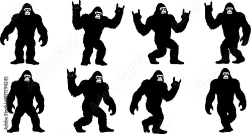 black bigfoot sasquatch doing rock on hand gesture icon silhouette isolated