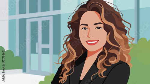 Woman smiles and poses outside a building during daylight while dressed in professional attire