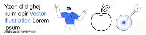 Innovation, goal setting, precision, futuristic design, technology, focus. ion of a person with VR, an apple and a target with an arrow. Innovation and goal setting concepts