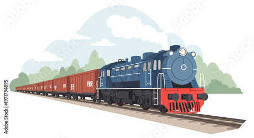 Blue Freight Train with Cargo Cars on Tracks