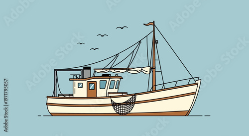 Fishing Boat Illustration with Net and Seagulls on Blue Background