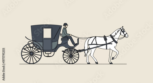 Horse Drawn Carriage with Driver, Vintage Transport Illustration