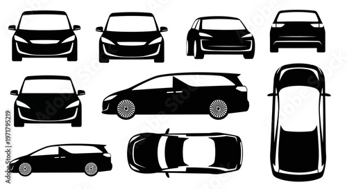 Car Silhouettes Collection: Front, Side, Top Views of Vehicles