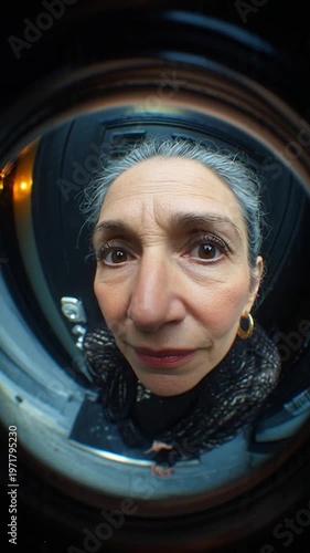 Woman looking through porthole window.