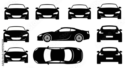 Car Silhouettes Collection: Front, Side, Top Views of Sports Cars