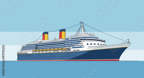 Luxury Cruise Ship Sailing on Calm Blue Ocean Waters, Travel Destination