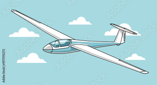 Illustration of a glider airplane flying in a clear blue sky with white clouds