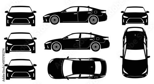 Car Silhouette Set: Front, Side, Top Views of Modern Sedan