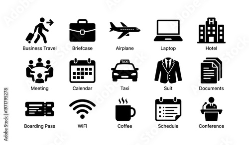 Business travel icons: airplane, briefcase, laptop, hotel, calendar, taxi